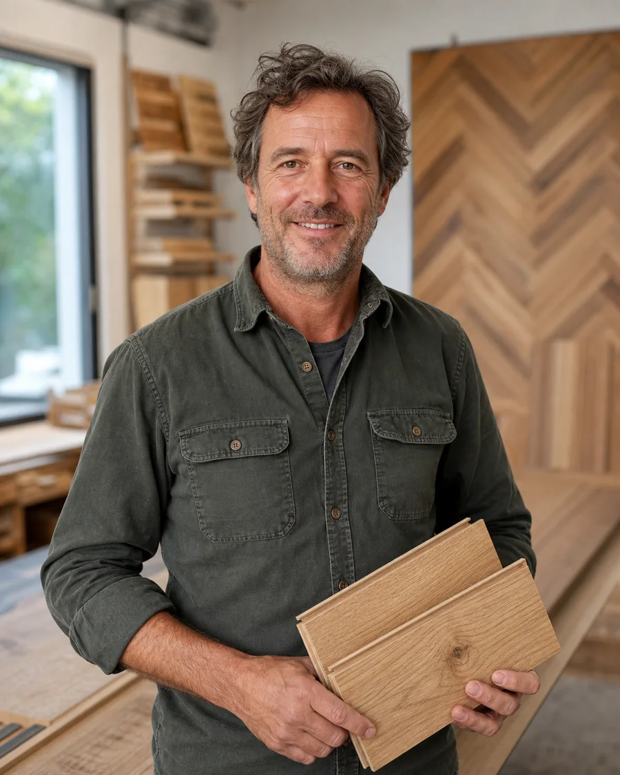 Realistisch portret van een parketadviseur met eiken vloerdelen