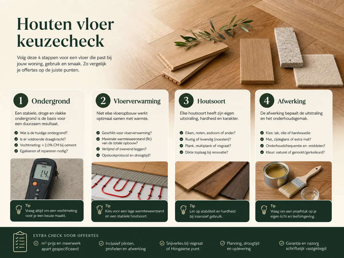 Infographic met vier stappen voor een houten vloer keuzecheck